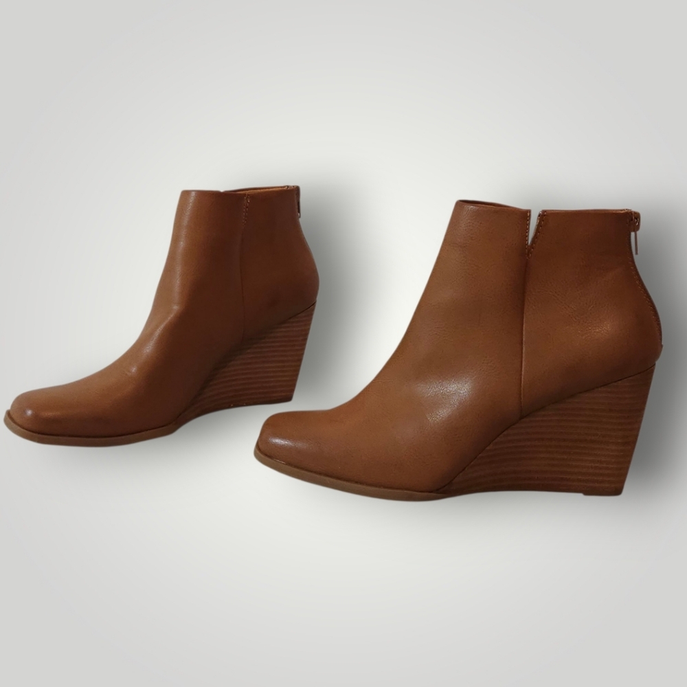 Korks by Kork-Ease Womens Wedge Booties 8.5M Tan Cognac Ankle Boots Back Zip